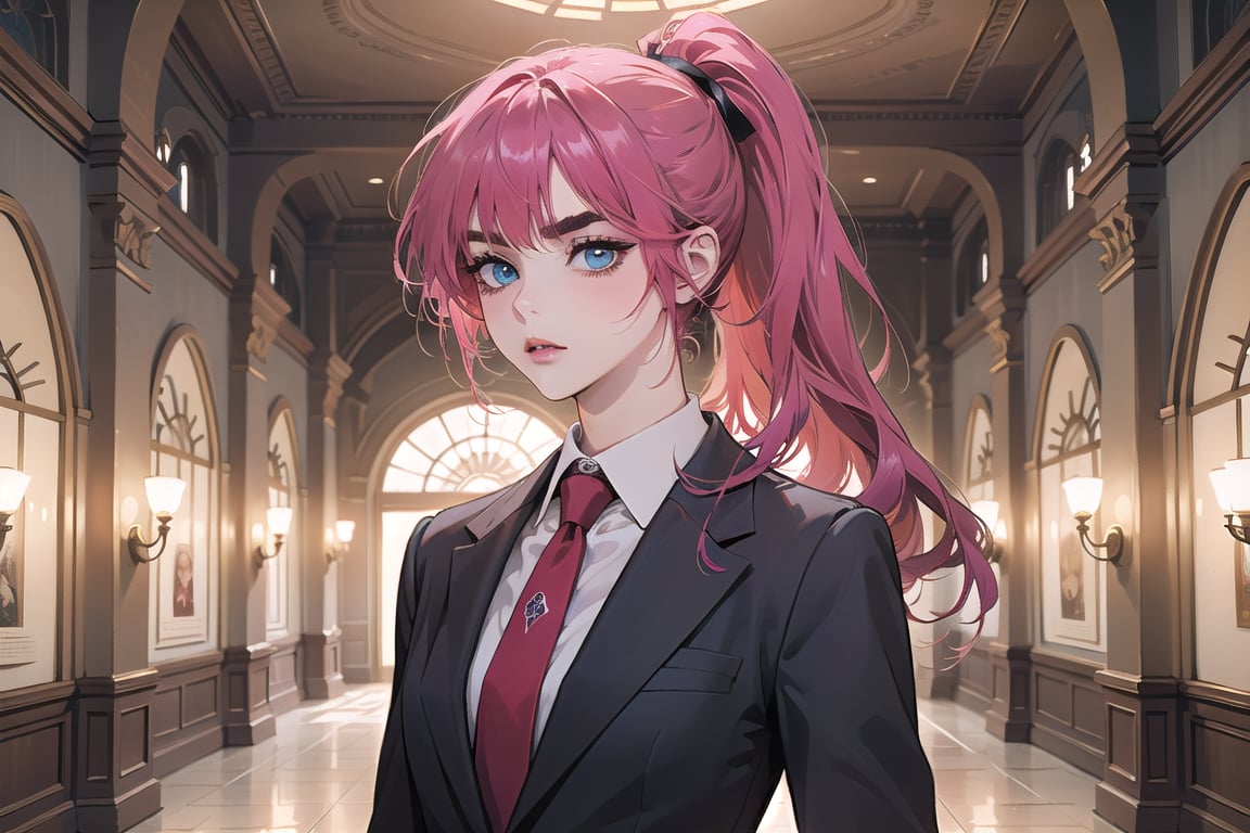 ((Fuchsia hair)), (thick eyebrows), (small chest:1.1), (bangs), ((long ponytail)), blue eyes, mad, wearing a ((suit)), red tie, by Raphael, masterpiece, upper body shot, magnificent indoor hall,Argissa,1 girl