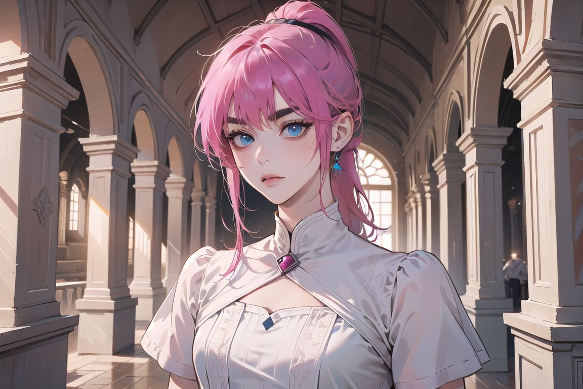 ((Fuchsia hair)), (thick eyebrows), (small chest:1.1), (bangs), ((long ponytail)), blue eyes, mad, wearing a ((dress)), short sleeve, by Raphael, masterpiece, upper body shot, magnificent indoor hall,Argissa,1 girl