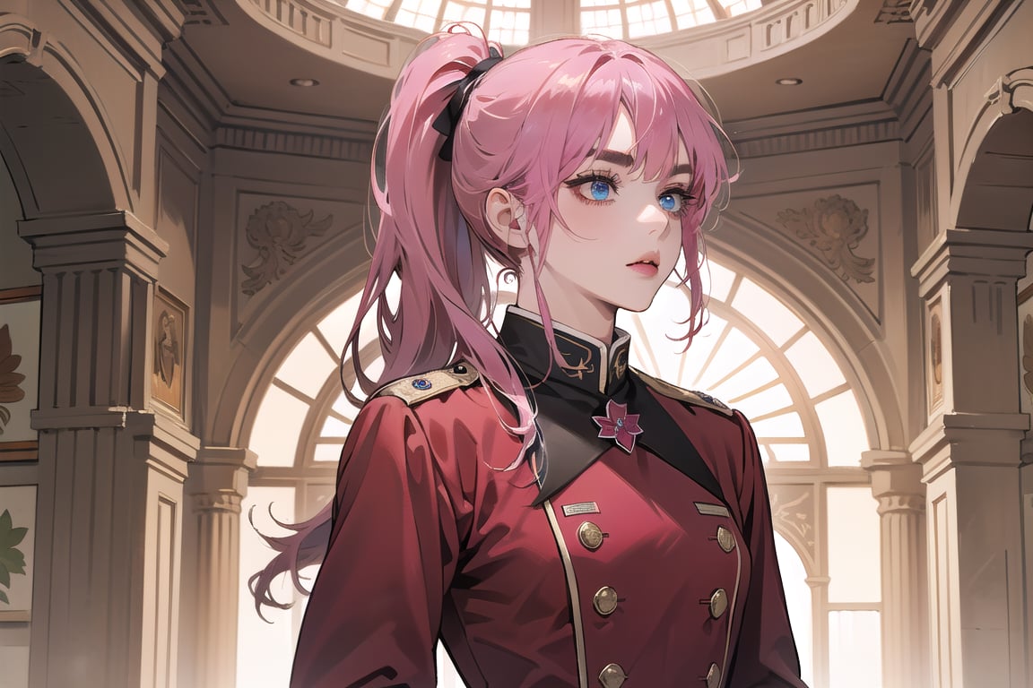 ((Fuchsia hair)), (thick eyebrows), (small chest:1.1), (bangs), ((long ponytail)), blue eyes, mad, wearing a ((militaryl uniform)), red tie, by Raphael, masterpiece, upper body shot, magnificent indoor hall,Argissa,1 girl