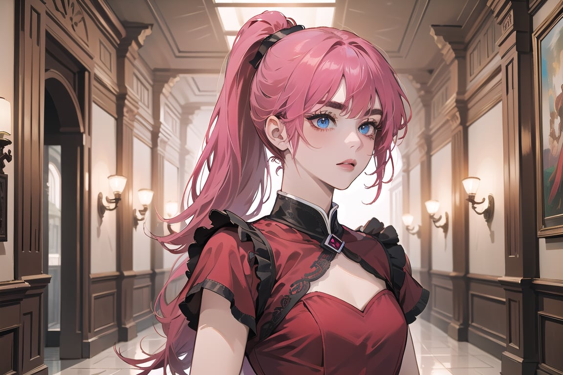 ((Fuchsia hair)), (thick eyebrows), (small chest:1.1), (bangs), ((long ponytail)), blue eyes, mad, wearing a ((red dress)), short sleeve, by Raphael, masterpiece, upper body shot, magnificent indoor hall,Argissa,1 girl