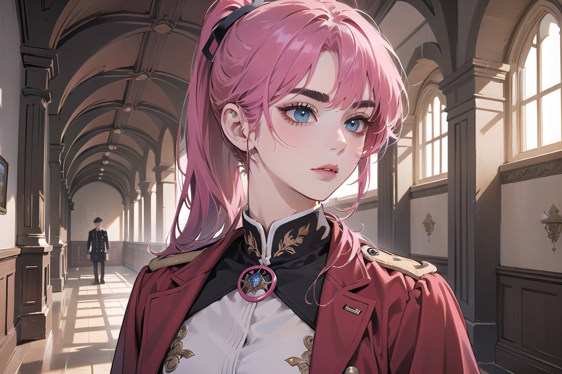 ((Fuchsia hair)), (thick eyebrows), (small chest:1.1), (bangs), ((long ponytail)), blue eyes, mad, wearing a ((militaryl uniform)), red tie, by Raphael, masterpiece, upper body shot, magnificent indoor hall,Argissa,1 girl