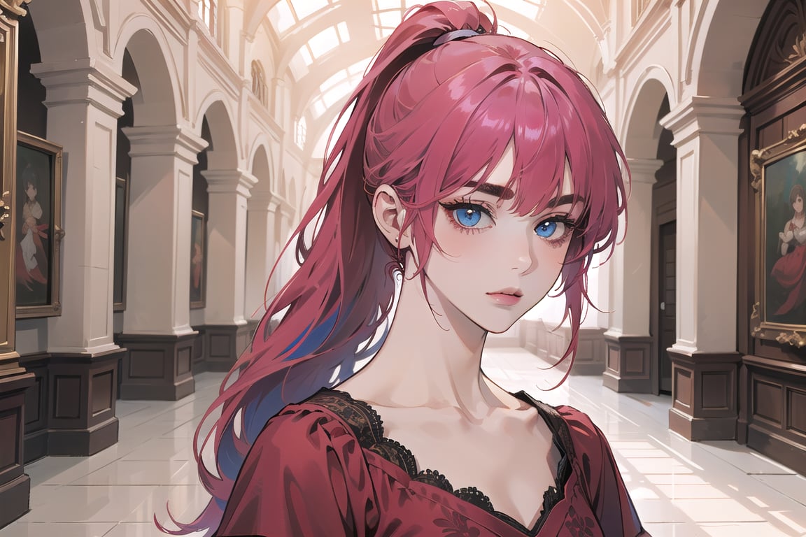 ((Fuchsia hair)), (thick eyebrows), (small chest:1.1), (bangs), ((long ponytail)), blue eyes, mad, wearing a ((red dress)), short sleeve, by Raphael, masterpiece, upper body shot, magnificent indoor hall,Argissa,1 girl