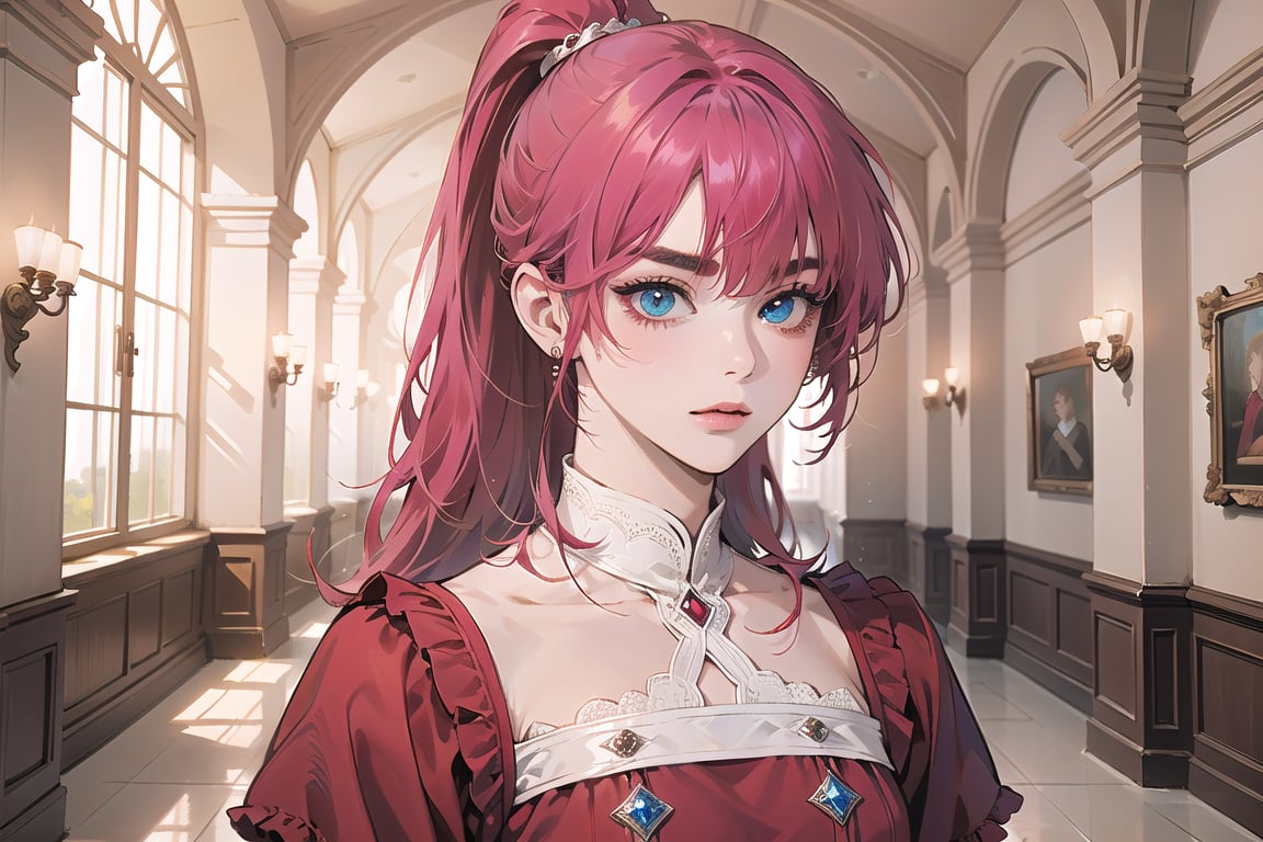 ((Fuchsia hair)), (thick eyebrows), (small chest:1.1), (bangs), ((long ponytail)), blue eyes, mad, wearing a ((red dress)), short sleeve, by Raphael, masterpiece, upper body shot, magnificent indoor hall,Argissa,1 girl