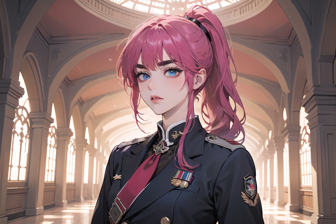 ((Fuchsia hair)), (thick eyebrows), (small chest:1.1), (bangs), ((long ponytail)), blue eyes, mad, wearing a ((militaryl uniform)), red tie, by Raphael, masterpiece, upper body shot, magnificent indoor hall,Argissa,1 girl