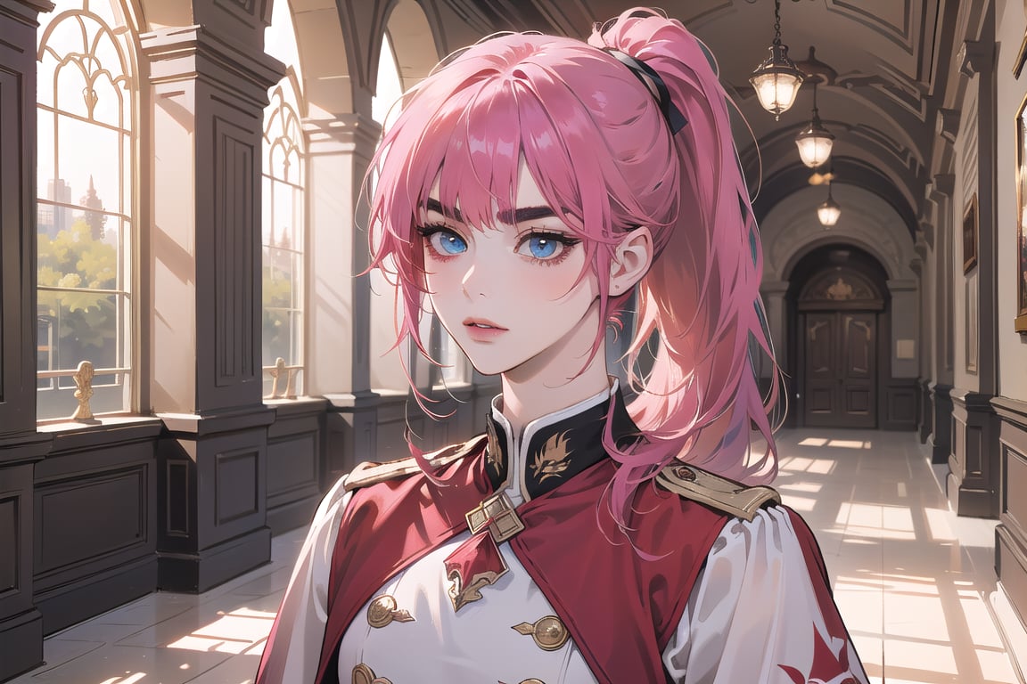 ((Fuchsia hair)), (thick eyebrows), (small chest:1.1), (bangs), ((long ponytail)), blue eyes, mad, wearing a ((militaryl uniform)), red tie, by Raphael, masterpiece, upper body shot, magnificent indoor hall,Argissa,1 girl