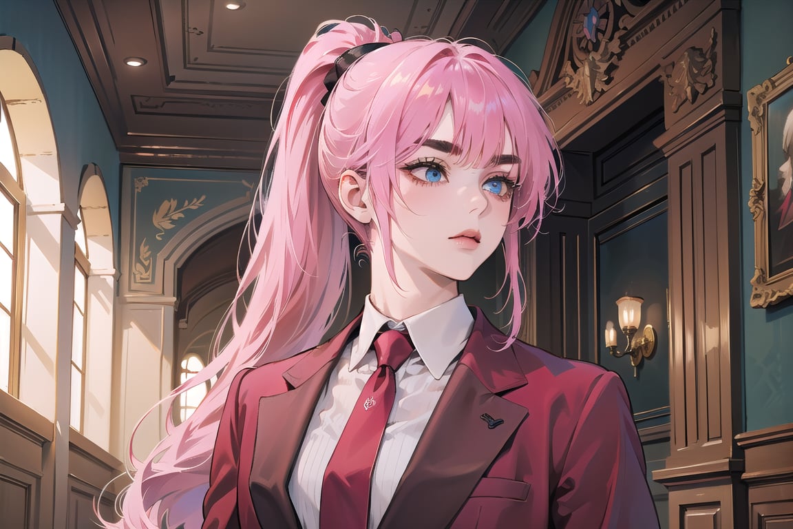 ((Fuchsia hair)), (thick eyebrows), (small chest:1.1), (bangs), ((long ponytail)), blue eyes, mad, wearing a ((suit)), red tie, by Raphael, masterpiece, upper body shot, magnificent indoor hall,Argissa,1 girl