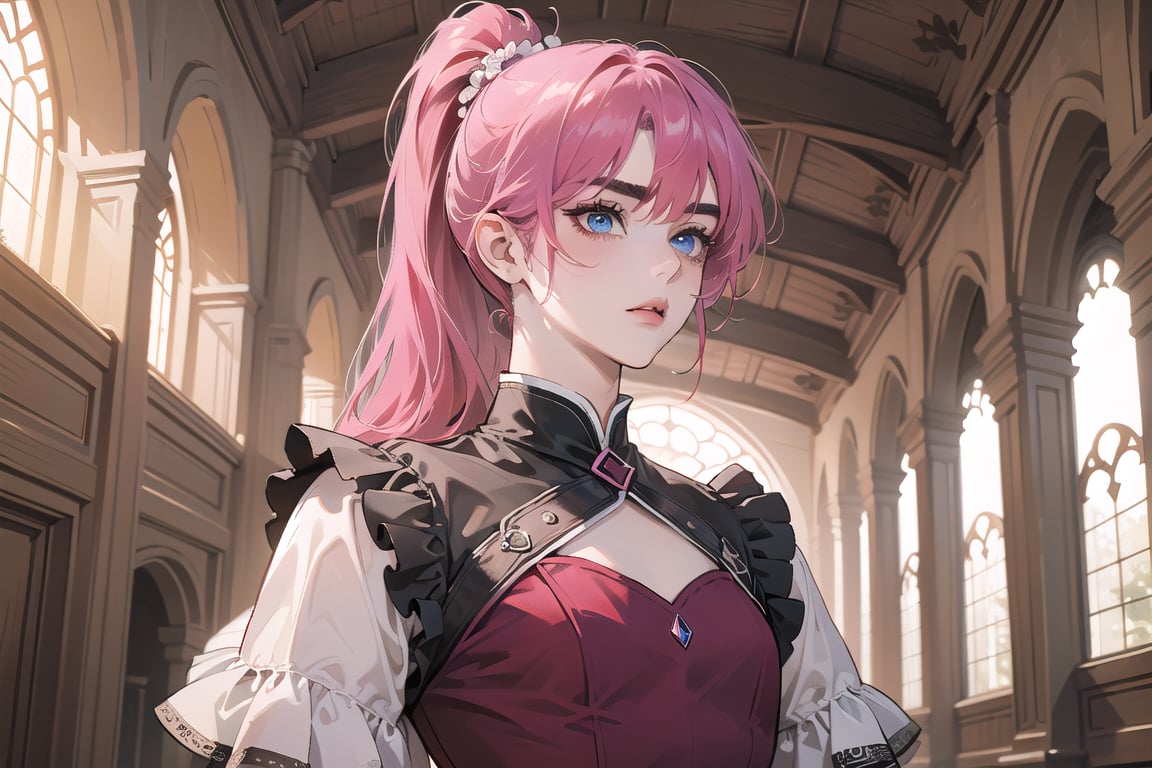 ((Fuchsia hair)), (thick eyebrows), (small chest:1.1), (bangs), ((long ponytail)), blue eyes, mad, wearing a ((red dress)), short sleeve, by Raphael, masterpiece, upper body shot, magnificent indoor hall,Argissa,1 girl