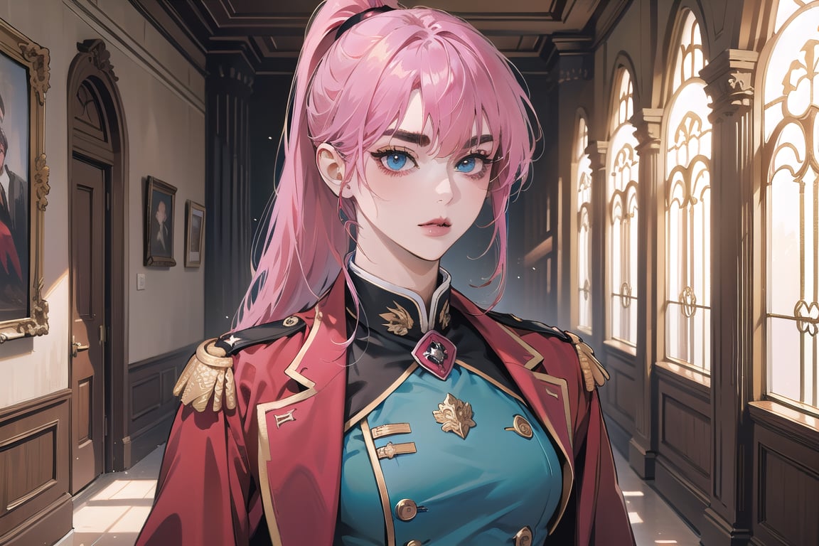 ((Fuchsia hair)), (thick eyebrows), (small chest:1.1), (bangs), ((long ponytail)), blue eyes, mad, wearing a ((militaryl uniform)), red tie, by Raphael, masterpiece, upper body shot, magnificent indoor hall,Argissa,1 girl