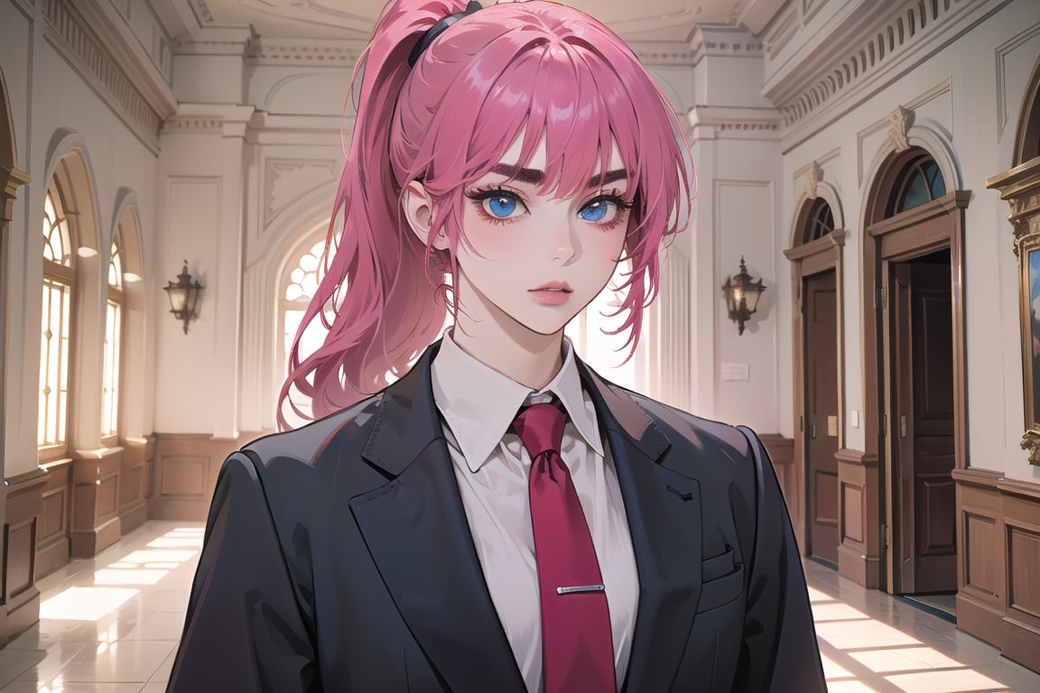 ((Fuchsia hair)), (thick eyebrows), (small chest:1.1), (bangs), ((long ponytail)), blue eyes, mad, wearing a ((suit)), red tie, by Raphael, masterpiece, upper body shot, magnificent indoor hall,Argissa,1 girl