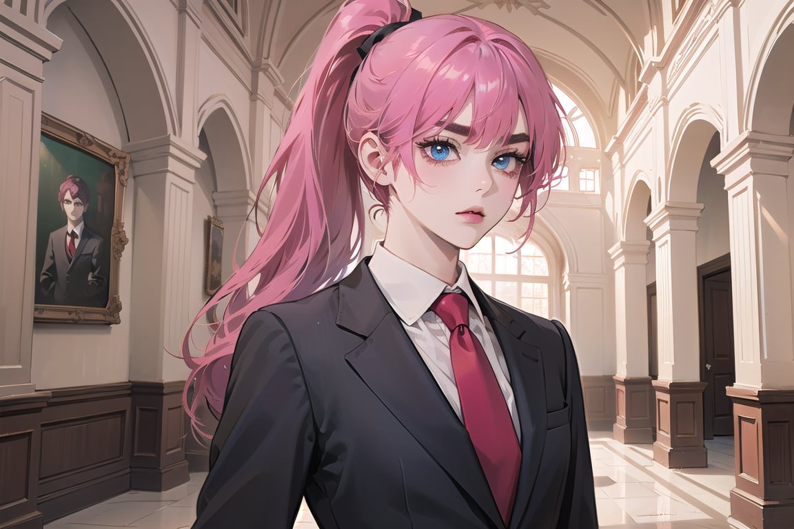 ((Fuchsia hair)), (thick eyebrows), (small chest:1.1), (bangs), ((long ponytail)), blue eyes, mad, wearing a ((suit)), red tie, by Raphael, masterpiece, upper body shot, magnificent indoor hall,Argissa,1 girl