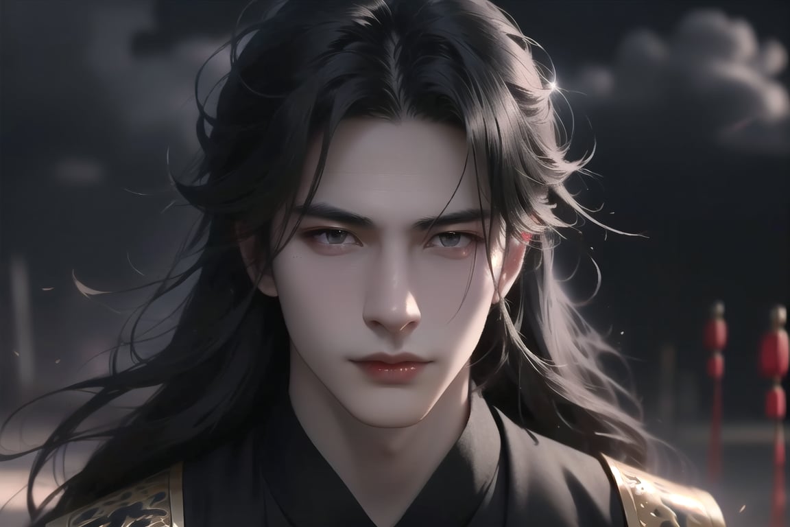 (cowboy shot), dynamic action style, (1man), (male:1.2), mature face, (mature boy:1.2), sinister smirk, (Chinese hanfu with black and gold accents), finely detailed eyes and face, (long black straight hair:1.2), (purple eyes:1.1), (focus on character:1.1), ((solo)), detailed face, detailed eyes, Chinese epic style, clear subject, ultra realistic, ultra detailed, OC rendering, blender, high detail, ultra high quality, dark and ominous atmosphere, dark clouds swirling, subtle mist