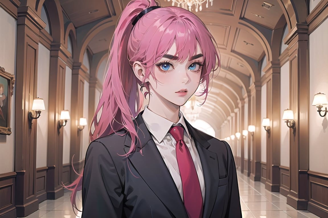 ((Fuchsia hair)), (thick eyebrows), (small chest:1.1), (bangs), ((long ponytail)), blue eyes, mad, wearing a ((suit)), red tie, by Raphael, masterpiece, upper body shot, magnificent indoor hall,Argissa,1 girl