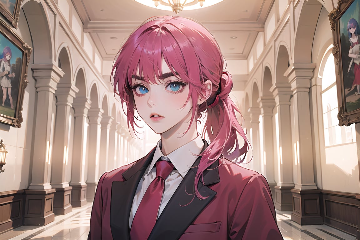 ((Fuchsia hair)), (thick eyebrows), (small chest:1.1), (bangs), ((long ponytail)), blue eyes, mad, wearing a ((suit)), red tie, by Raphael, masterpiece, upper body shot, magnificent indoor hall,Argissa,1 girl