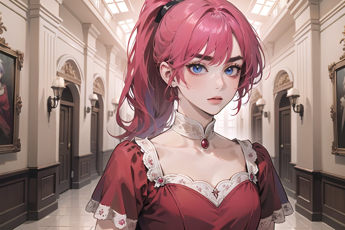 ((Fuchsia hair)), (thick eyebrows), (small chest:1.1), (bangs), ((long ponytail)), blue eyes, mad, wearing a ((red dress)), short sleeve, by Raphael, masterpiece, upper body shot, magnificent indoor hall,Argissa,1 girl