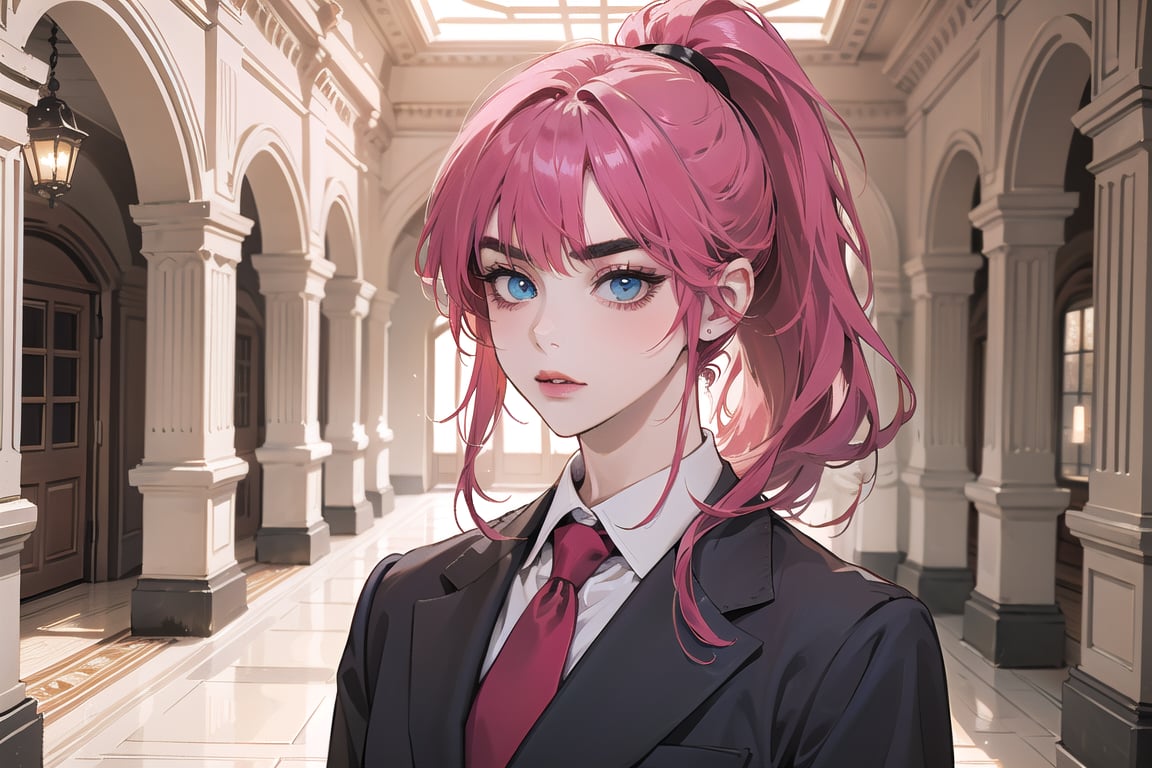 ((Fuchsia hair)), (thick eyebrows), (small chest:1.1), (bangs), ((long ponytail)), blue eyes, mad, wearing a ((suit)), red tie, by Raphael, masterpiece, upper body shot, magnificent indoor hall,Argissa,1 girl