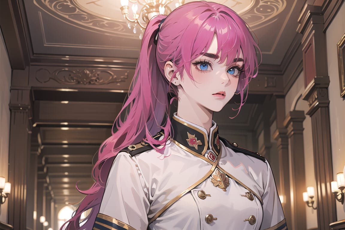 ((Fuchsia hair)), (thick eyebrows), (small chest:1.1), (bangs), ((long ponytail)), blue eyes, mad, wearing a ((militaryl uniform)), red tie, short sleeve, by Raphael, masterpiece, upper body shot, magnificent indoor hall,Argissa,1 girl