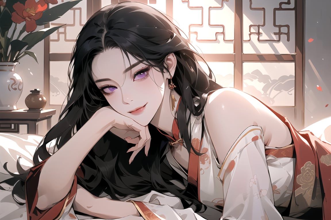 (upper body:1.3), depth of field, (Absurdres, Intricate Details, Masterpiece, Best Quality, High Resolution, 8k), (1woman), (female:1.2), mature face, (mature girl:1.2), smirk, (((Red)) Chinese hanfu), finely detailed eyes and face, finely detailed hands and feet, slim figure, (black long straight hair:1.2), (purple eyes), (focus on character:1.1), solo, full body shot, lying elegantly on a Chinese-style bed, intricate and ornate design, background with traditional Chinese architecture and elements, ethereal atmosphere, Depth of Field, soft and natural lighting, Chinese style, mysterious and calm, [ArtStation], [WLOP], [Artgerm]
