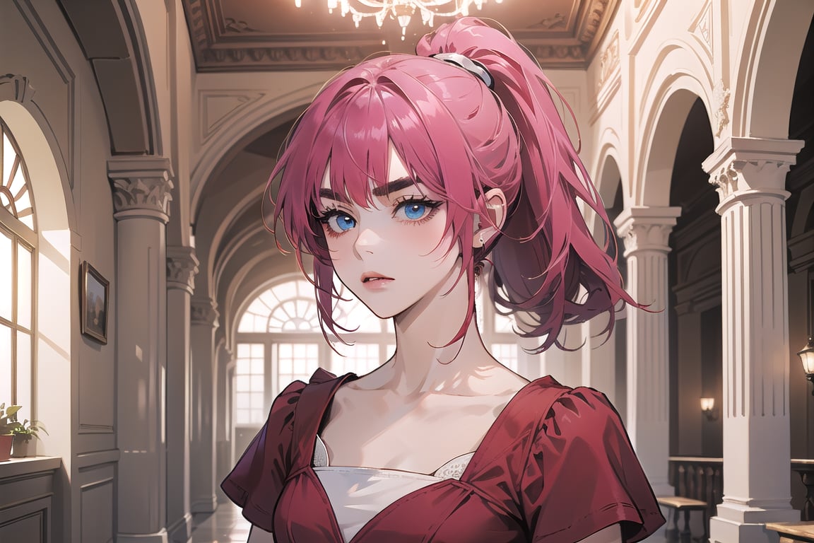 ((Fuchsia hair)), (thick eyebrows), (small chest:1.1), (bangs), ((long ponytail)), blue eyes, mad, wearing a ((red dress)), short sleeve, by Raphael, masterpiece, upper body shot, magnificent indoor hall,Argissa,1 girl