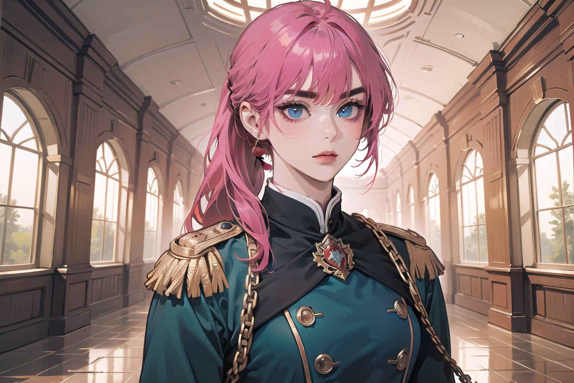 ((Fuchsia hair)), (thick eyebrows), (small chest:1.1), (bangs), ((long ponytail)), blue eyes, mad, wearing a ((militaryl uniform)), red tie, by Raphael, masterpiece, upper body shot, magnificent indoor hall,Argissa,1 girl