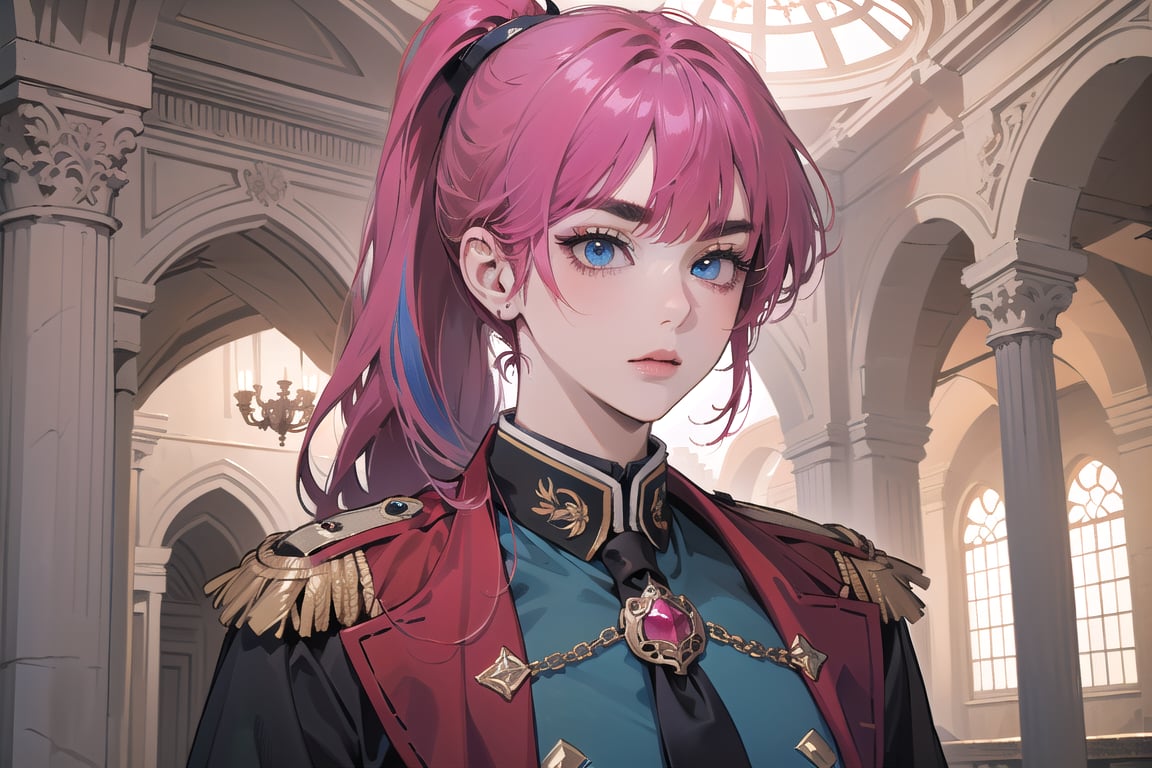 ((Fuchsia hair)), (thick eyebrows), (small chest:1.1), (bangs), ((long ponytail)), blue eyes, mad, wearing a ((militaryl uniform)), red tie, by Raphael, masterpiece, upper body shot, magnificent indoor hall,Argissa,1 girl