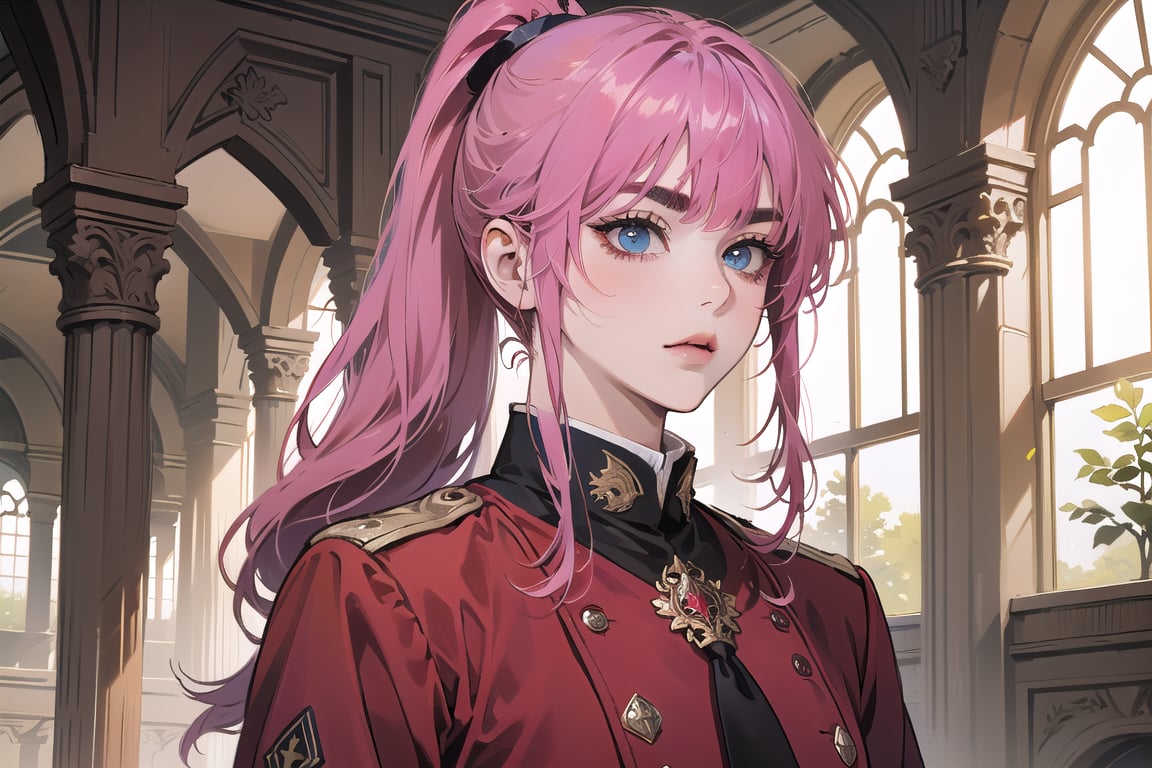 ((Fuchsia hair)), (thick eyebrows), (small chest:1.1), (bangs), ((long ponytail)), blue eyes, mad, wearing a ((militaryl uniform)), red tie, by Raphael, masterpiece, upper body shot, magnificent indoor hall,Argissa,1 girl