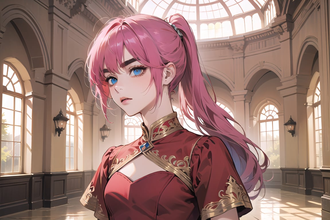 ((Fuchsia hair)), (thick eyebrows), (small chest:1.1), (bangs), ((long ponytail)), blue eyes, mad, wearing a ((red dress)), short sleeve, by Raphael, masterpiece, upper body shot, magnificent indoor hall,Argissa,1 girl