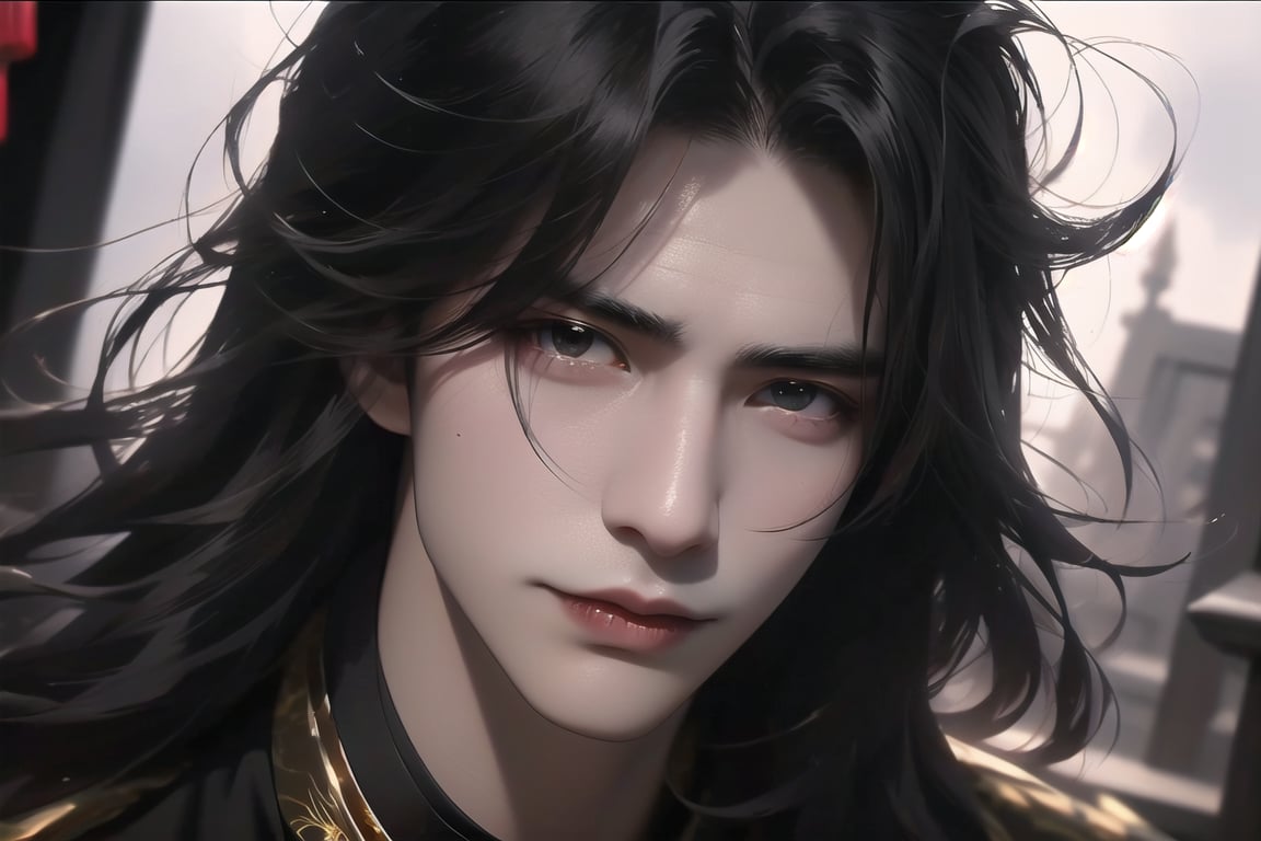 (cowboy shot), dynamic action style, (1man), (male:1.2), mature face, (mature boy:1.2), sinister smirk, (Chinese hanfu with black and gold accents), finely detailed eyes and face, (long black straight hair:1.2), (purple eyes:1.1), (focus on character:1.1), ((solo)), detailed face, detailed eyes, Chinese epic style, clear subject, ultra realistic, ultra detailed, OC rendering, blender, high detail, ultra high quality, dark and ominous atmosphere, dark clouds swirling, subtle mist