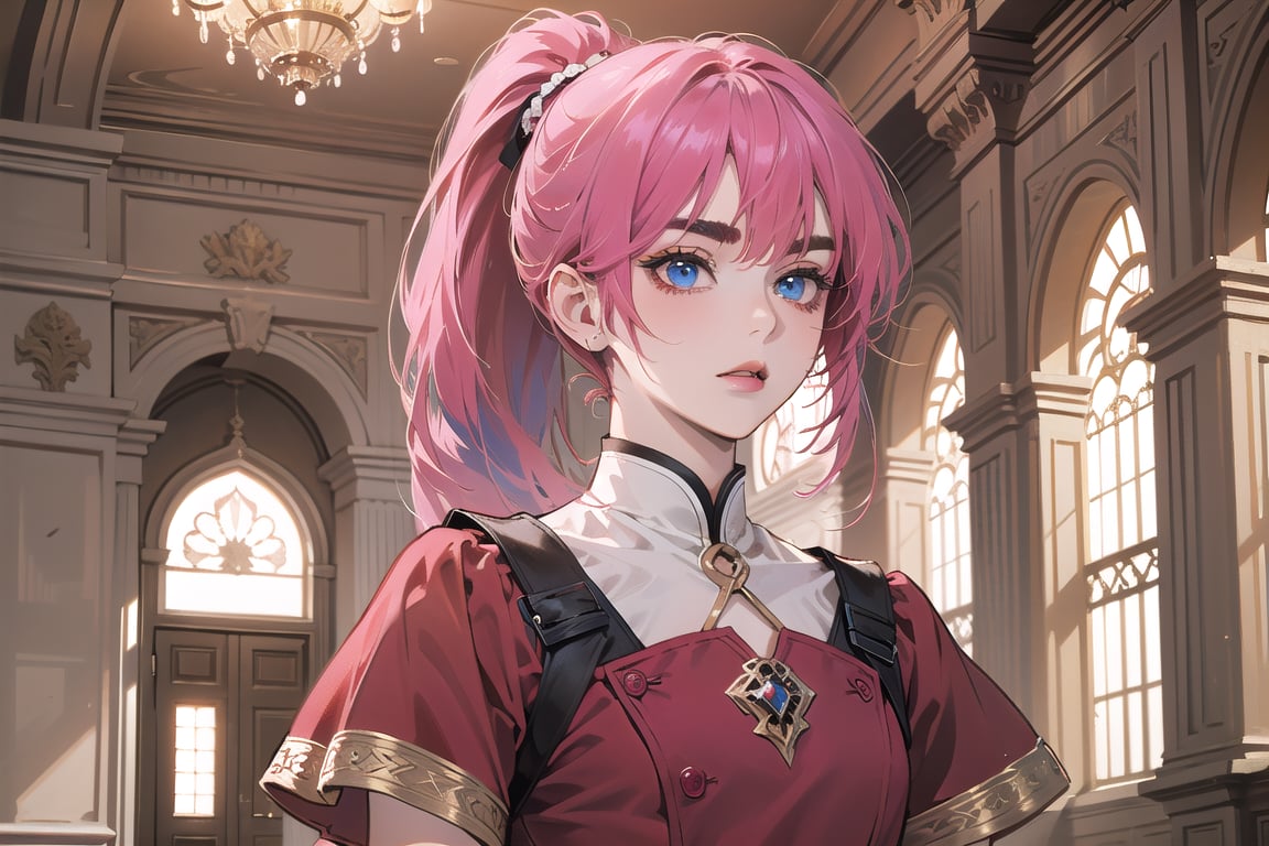 ((Fuchsia hair)), (thick eyebrows), (small chest:1.1), (bangs), ((long ponytail)), blue eyes, mad, wearing a ((red dress)), short sleeve, by Raphael, masterpiece, upper body shot, magnificent indoor hall,Argissa,1 girl