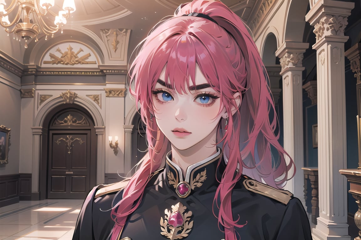 ((Fuchsia hair)), (thick eyebrows), (small chest:1.1), (bangs), ((long ponytail)), blue eyes, mad, wearing a ((militaryl uniform)), red tie, by Raphael, masterpiece, upper body shot, magnificent indoor hall,Argissa,1 girl