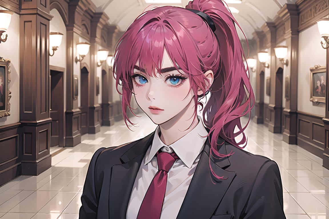 ((Fuchsia hair)), (thick eyebrows), (small chest:1.1), (bangs), ((long ponytail)), blue eyes, mad, wearing a ((suit)), red tie, by Raphael, masterpiece, upper body shot, magnificent indoor hall,Argissa,1 girl