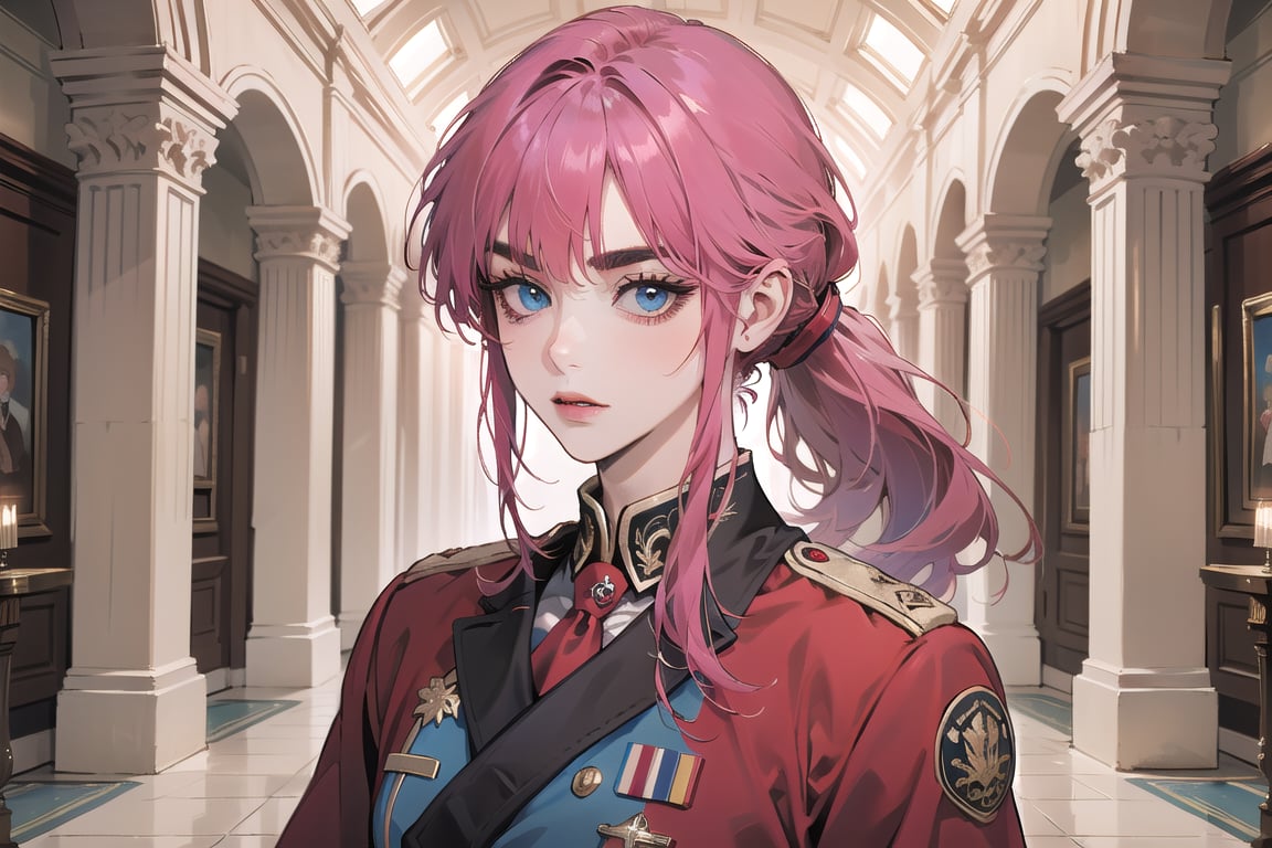 ((Fuchsia hair)), (thick eyebrows), (small chest:1.1), (bangs), ((long ponytail)), blue eyes, mad, wearing a ((militaryl uniform)), red tie, by Raphael, masterpiece, upper body shot, magnificent indoor hall,Argissa,1 girl