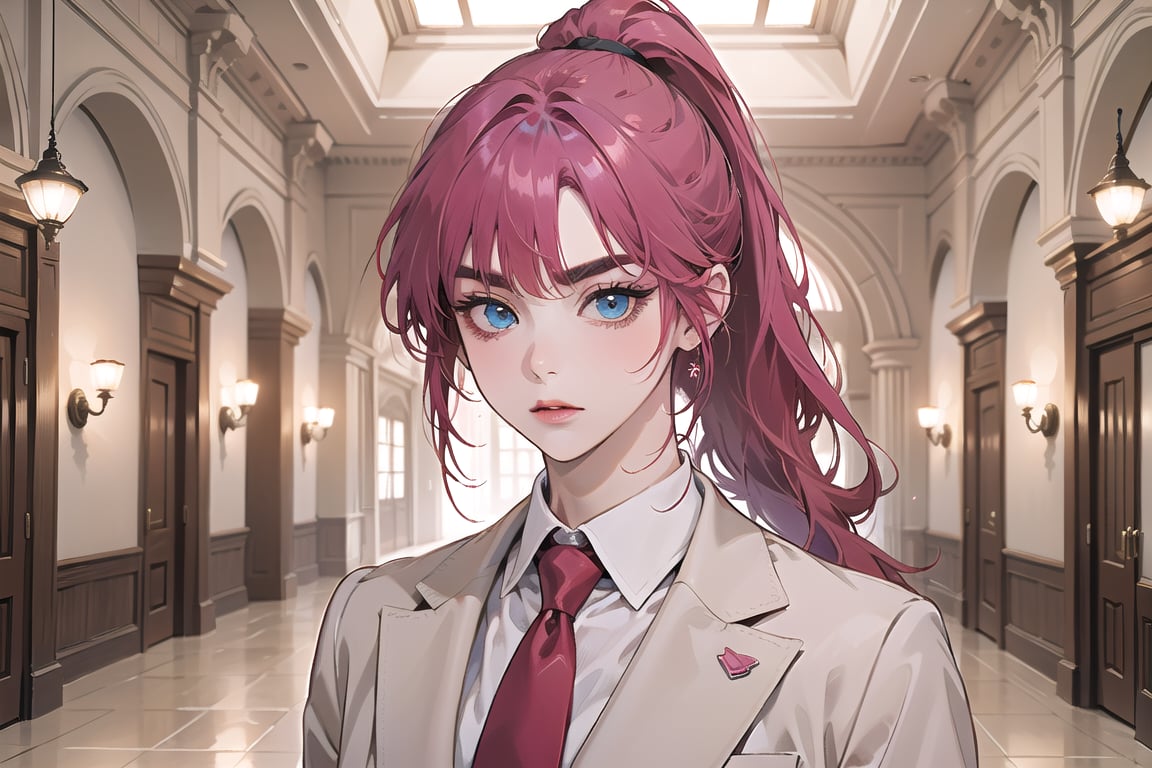 ((Fuchsia hair)), (thick eyebrows), (small chest:1.1), (bangs), ((long ponytail)), blue eyes, mad, wearing a ((suit)), red tie, by Raphael, masterpiece, upper body shot, magnificent indoor hall,Argissa,1 girl