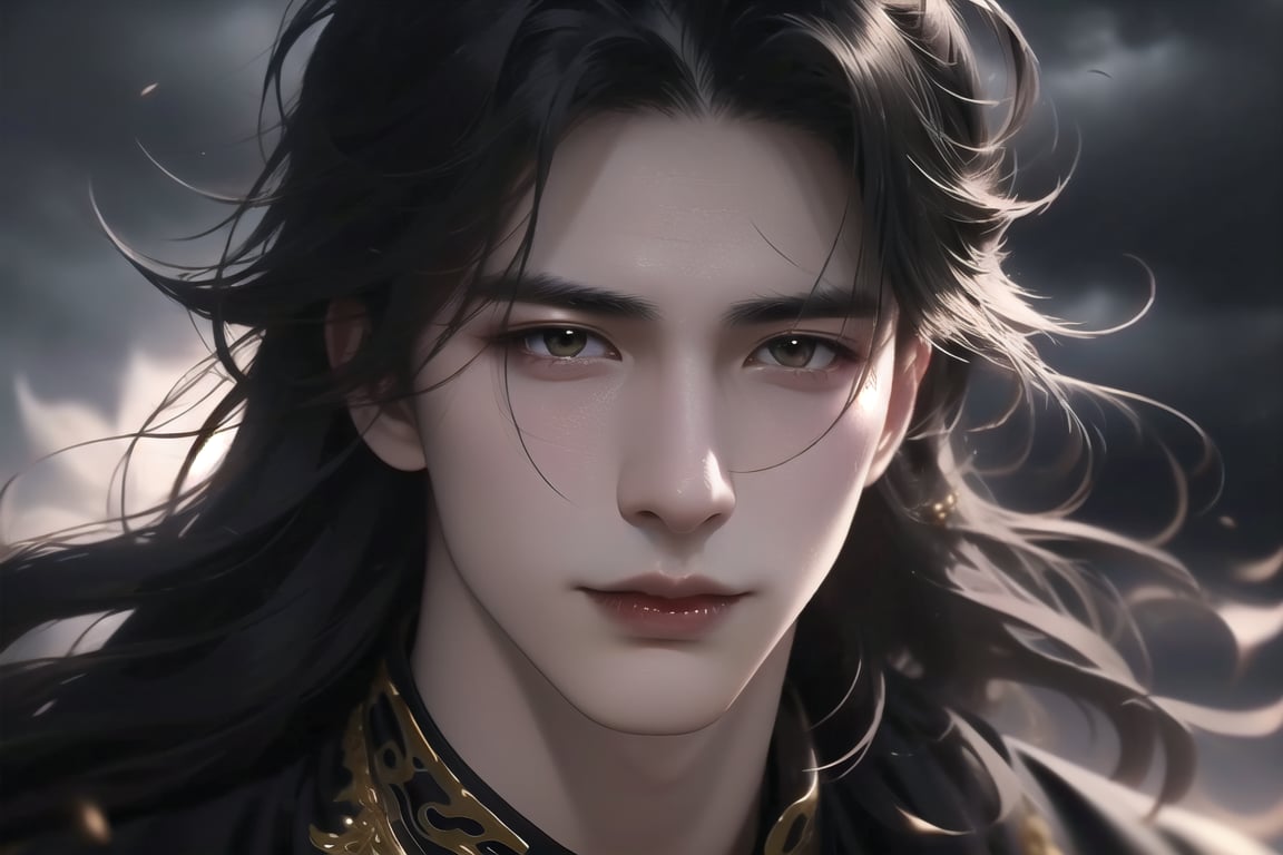 (cowboy shot), dynamic action style, (1man), (male:1.2), mature face, (mature boy:1.2), sinister smirk, (Chinese hanfu with black and gold accents), finely detailed eyes and face, (long black straight hair:1.2), (purple eyes:1.1), (focus on character:1.1), ((solo)), detailed face, detailed eyes, Chinese epic style, clear subject, ultra realistic, ultra detailed, OC rendering, blender, high detail, ultra high quality, dark and ominous atmosphere, dark clouds swirling, subtle mist