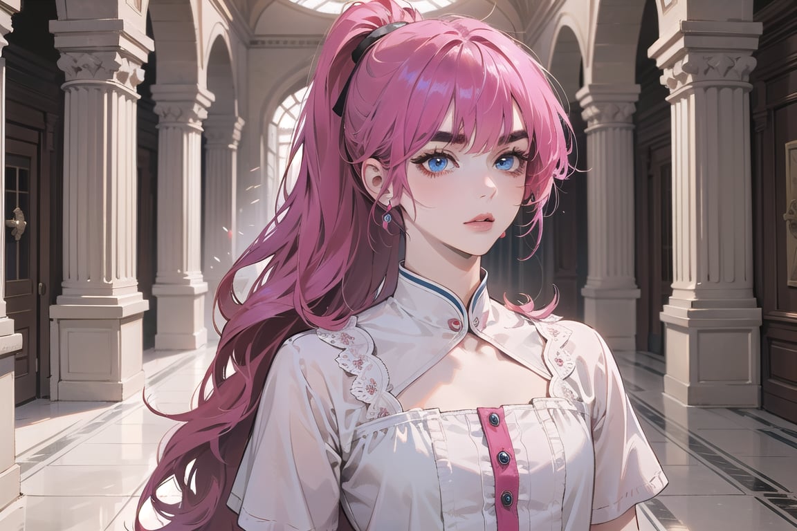 ((Fuchsia hair)), (thick eyebrows), (small chest:1.1), (bangs), ((long ponytail)), blue eyes, mad, wearing a ((dress)), short sleeve, by Raphael, masterpiece, upper body shot, magnificent indoor hall,Argissa,1 girl