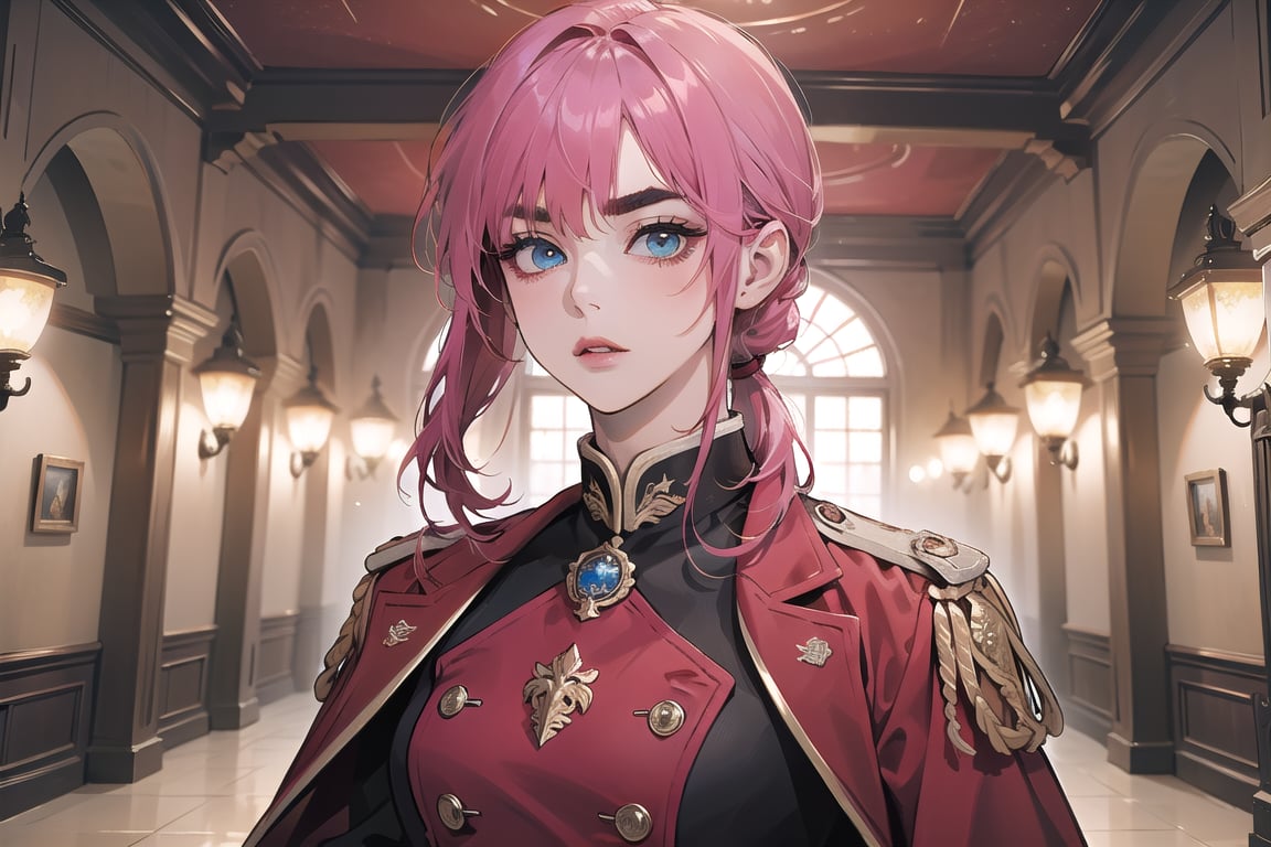 ((Fuchsia hair)), (thick eyebrows), (small chest:1.1), (bangs), ((long ponytail)), blue eyes, mad, wearing a ((militaryl uniform)), red tie, by Raphael, masterpiece, upper body shot, magnificent indoor hall,Argissa,1 girl