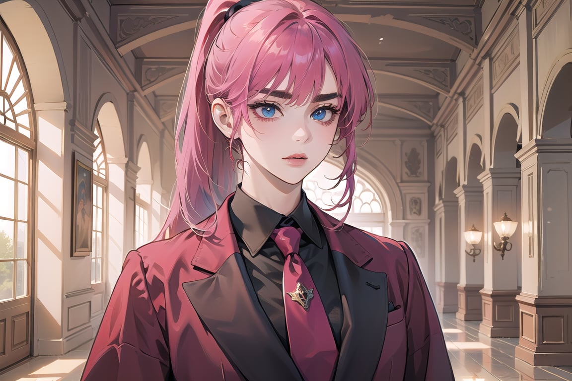 ((Fuchsia hair)), (thick eyebrows), (small chest:1.1), (bangs), ((long ponytail)), blue eyes, mad, wearing a ((suit)), red tie, by Raphael, masterpiece, upper body shot, magnificent indoor hall,Argissa,1 girl