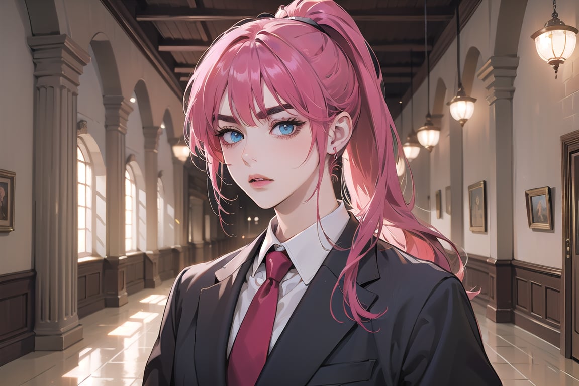 ((Fuchsia hair)), (thick eyebrows), (small chest:1.1), (bangs), ((long ponytail)), blue eyes, mad, wearing a ((suit)), red tie, by Raphael, masterpiece, upper body shot, magnificent indoor hall,Argissa,1 girl