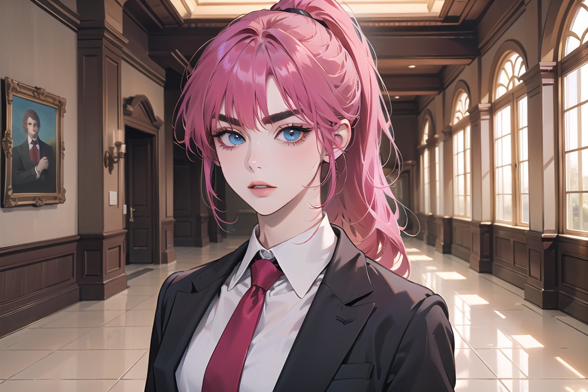 ((Fuchsia hair)), (thick eyebrows), (small chest:1.1), (bangs), ((long ponytail)), blue eyes, mad, wearing a ((suit)), red tie, by Raphael, masterpiece, upper body shot, magnificent indoor hall,Argissa,1 girl