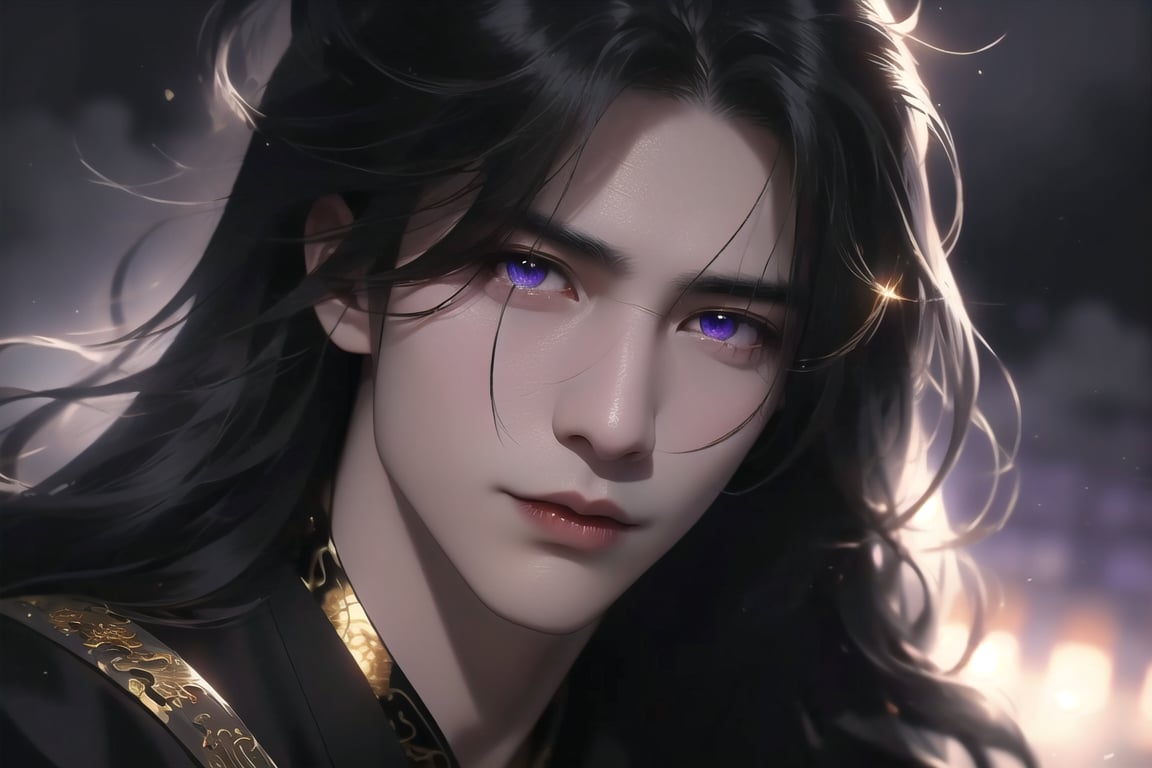 (cowboy shot), dynamic action style, (1man), (male:1.2), mature face, (mature boy:1.2), sinister smirk, (Chinese hanfu with black and gold accents), finely detailed eyes and face, (long black straight hair:1.2), (purple eyes:1.1), (focus on character:1.1), ((solo)), detailed face, detailed eyes, Chinese epic style, clear subject, ultra realistic, ultra detailed, OC rendering, blender, high detail, ultra high quality, dark and ominous atmosphere, dark clouds swirling, subtle mist