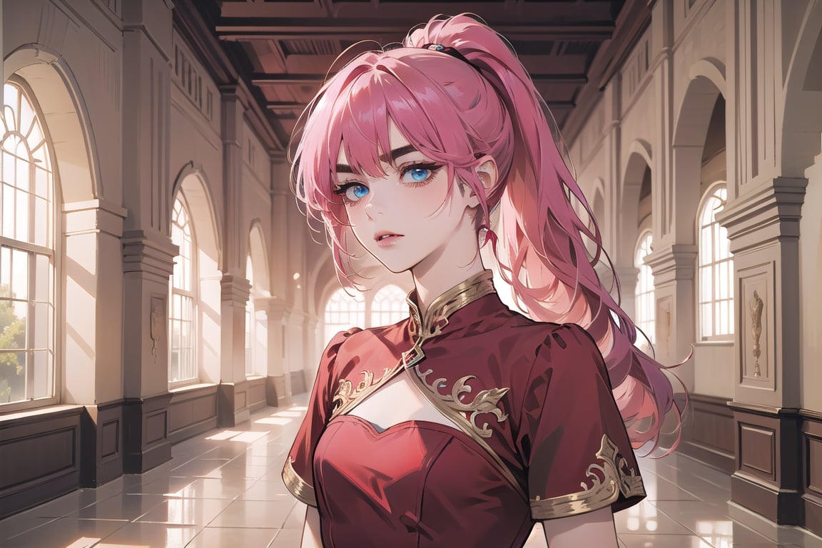 ((Fuchsia hair)), (thick eyebrows), (small chest:1.1), (bangs), ((long ponytail)), blue eyes, mad, wearing a ((red dress)), short sleeve, by Raphael, masterpiece, upper body shot, magnificent indoor hall,Argissa,1 girl