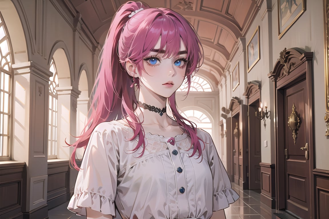 ((Fuchsia hair)), (thick eyebrows), (small chest:1.1), (bangs), ((long ponytail)), blue eyes, mad, wearing a ((dress)), short sleeve, by Raphael, masterpiece, upper body shot, magnificent indoor hall,Argissa,1 girl