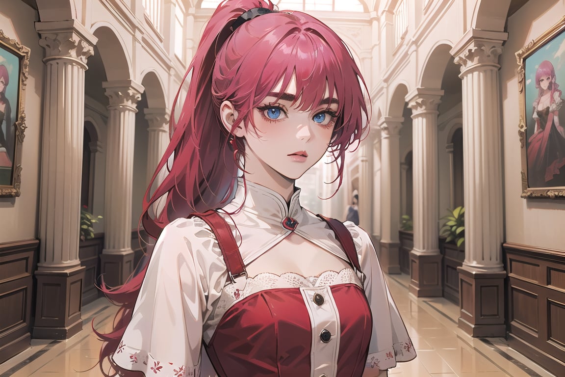 ((Fuchsia hair)), (thick eyebrows), (small chest:1.1), (bangs), ((long ponytail)), blue eyes, mad, wearing a ((red dress)), short sleeve, by Raphael, masterpiece, upper body shot, magnificent indoor hall,Argissa,1 girl