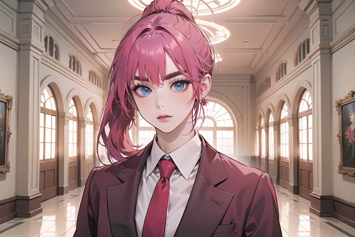 ((Fuchsia hair)), (thick eyebrows), (small chest:1.1), (bangs), ((long ponytail)), blue eyes, mad, wearing a ((suit)), red tie, by Raphael, masterpiece, upper body shot, magnificent indoor hall,Argissa,1 girl