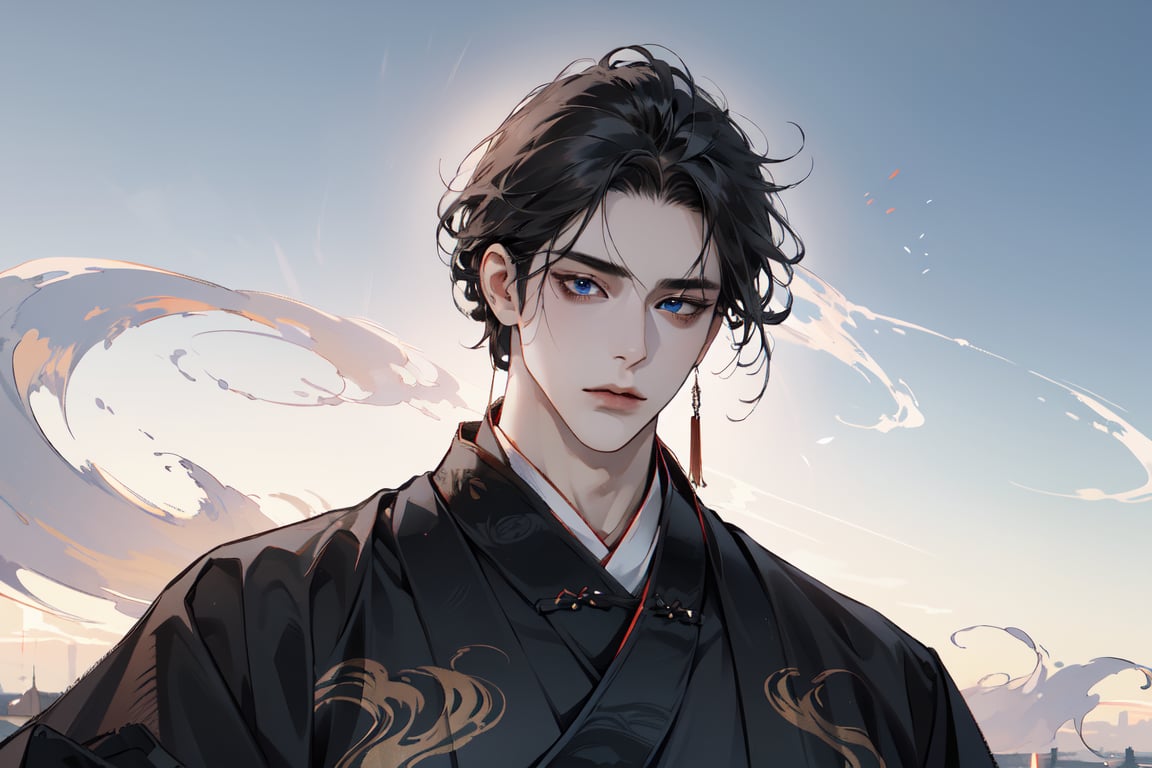 1 man,((black curly hair)), blue eyes, handsome, angular jaw, thick neck, male focus, (((hanfu:1.3))), long sleeve, masterpiece, upper body shot, mist and fog, smokey swirls,Chinese style