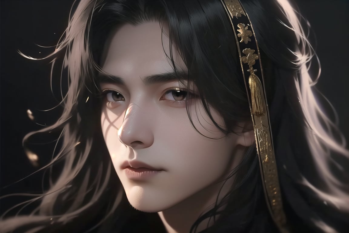 (cowboy shot), dynamic action style, (1man), (male:1.2), mature face, (mature boy:1.2), sinister smirk, (Chinese hanfu with black and gold accents), finely detailed eyes and face, (long black straight hair:1.2), (purple eyes:1.1), (focus on character:1.1), ((solo)), detailed face, detailed eyes, Chinese epic style, clear subject, ultra realistic, ultra detailed, OC rendering, blender, high detail, ultra high quality, dark and ominous atmosphere, dark clouds swirling, subtle mist