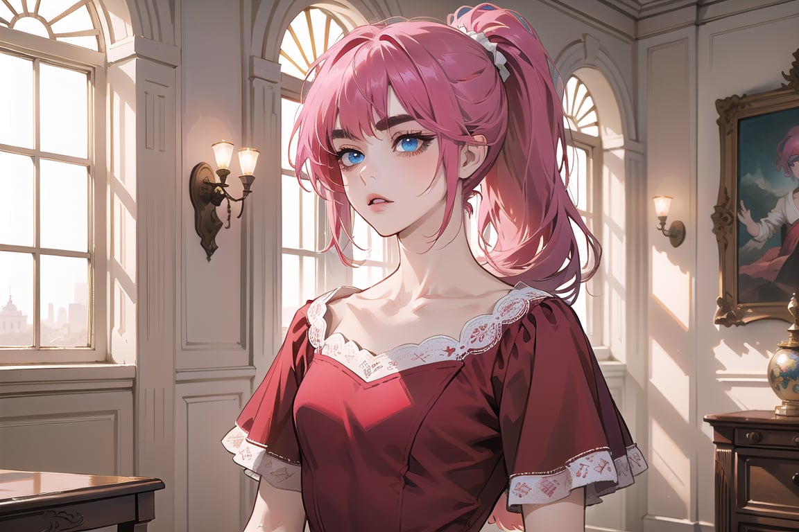 ((Fuchsia hair)), (thick eyebrows), (small chest:1.1), (bangs), ((long ponytail)), blue eyes, mad, wearing a ((red dress)), short sleeve, by Raphael, masterpiece, upper body shot, magnificent indoor hall,Argissa,1 girl