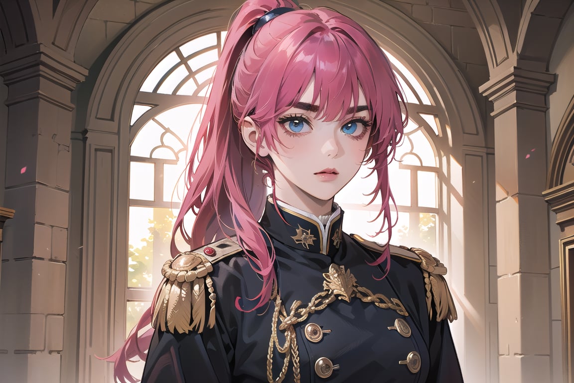 ((Fuchsia hair)), (thick eyebrows), (small chest:1.1), (bangs), ((long ponytail)), blue eyes, mad, wearing a ((militaryl uniform)), red tie, by Raphael, masterpiece, upper body shot, magnificent indoor hall,Argissa,1 girl