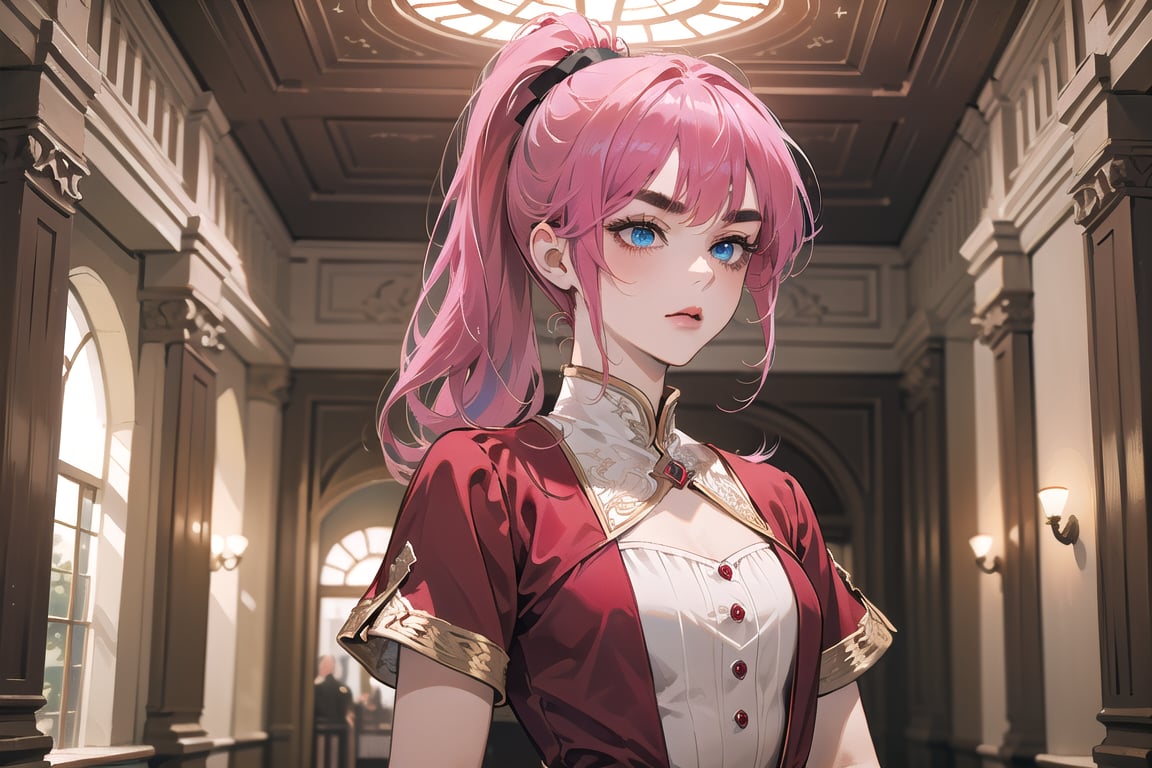 ((Fuchsia hair)), (thick eyebrows), (small chest:1.1), (bangs), ((long ponytail)), blue eyes, mad, wearing a ((red dress)), short sleeve, by Raphael, masterpiece, upper body shot, magnificent indoor hall,Argissa,1 girl