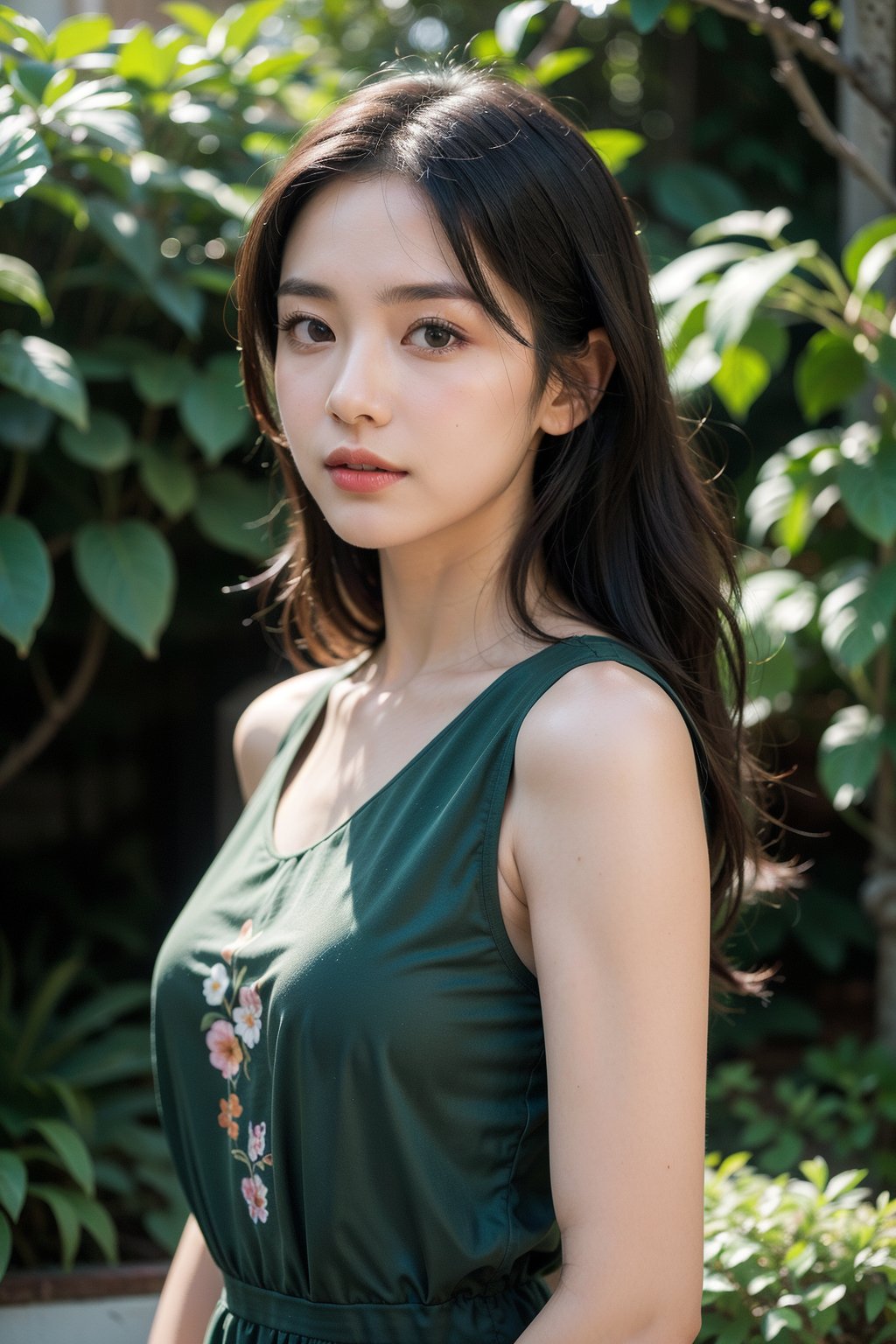 (best quality,4k,8k,highres,masterpiece:1.2),ultra-detailed,(realistic,photorealistic,photo-realistic:1.37),portrait,elegant and serene Asian woman,flowery garden attire,Ondas e Nuances,detailed symmetric brown eyes,circular iris,vibrant colors,garden scenery,soft petals falling,gentle breeze,glowing skin,pure green background,soft natural lighting,grace and elegance,shimmering eyes,calm and content expression,silk dress with floral patterns,fragrant garden air,gentle wind rustling her hair,hint of coral on her lips,graceful posture,confident stance,delicate flowers adorning her hair,long straight black hair,wonder and contemplation in her gaze,striking beauty,blooming flowers and lush greenery in the background,serene and enchanting garden scene.
