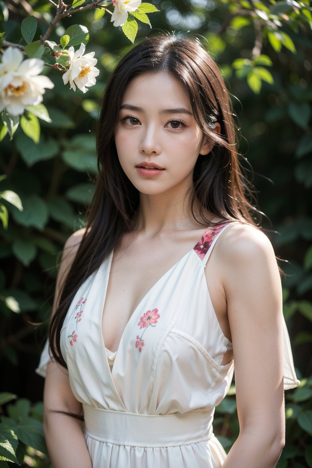 (best quality,4k,8k,highres,masterpiece:1.2),ultra-detailed,(realistic,photorealistic,photo-realistic:1.37),portrait,elegant and serene Asian woman,flowery garden attire,Ondas e Nuances,detailed symmetric brown eyes,circular iris,vibrant colors,garden scenery,soft petals falling,gentle breeze,glowing skin,pure green background,soft natural lighting,grace and elegance,shimmering eyes,calm and content expression,silk dress with floral patterns,fragrant garden air,gentle wind rustling her hair,hint of coral on her lips,graceful posture,confident stance,delicate flowers adorning her hair,long straight black hair,wonder and contemplation in her gaze,striking beauty,blooming flowers and lush greenery in the background,serene and enchanting garden scene.
